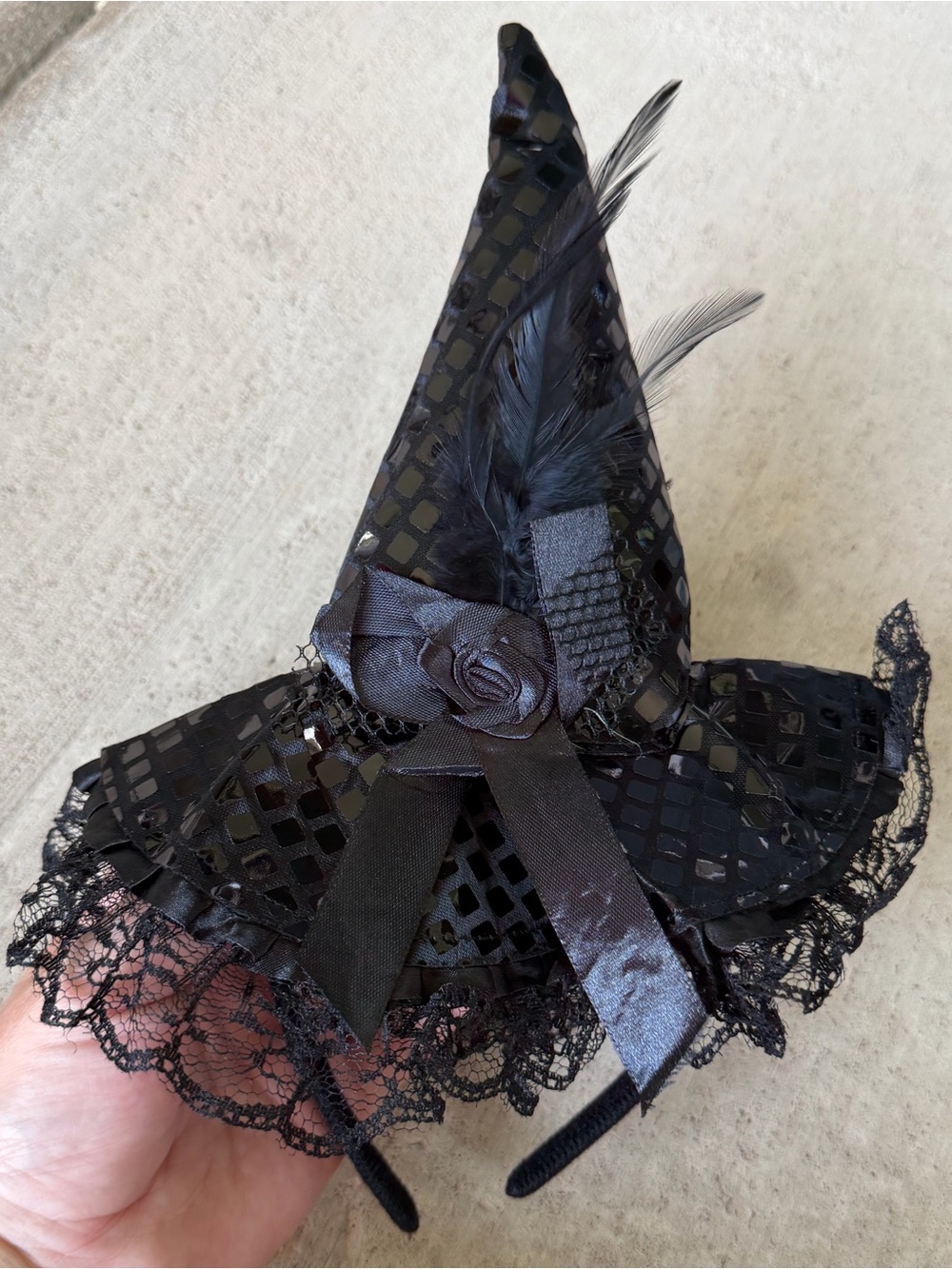 Black Sequin and Lace Mini Witch Hat Headband